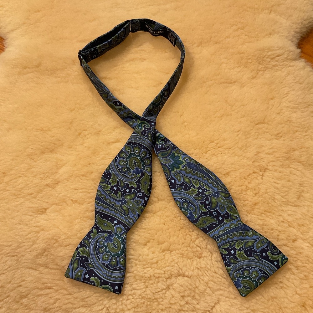 Beau Ties of Vermont blue and green silk paisley bow tie
